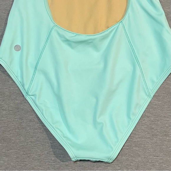 Zella Teal One Piece Swimsuit Small High Neck Crossback Athletic Shelf Bra - Picture 9 of 15